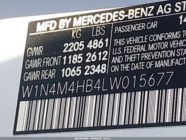 Aukcja sprzedaży 2020 Mercedes-benz Glb 250 4matic, vin: W1N4M4HB4LW015677, numer aukcji: 45010863
