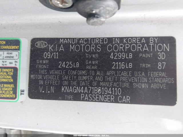 Aukcja sprzedaży 2011 Kia Optima Ex, vin: KNAGN4A71B5194110, numer aukcji: 45010865