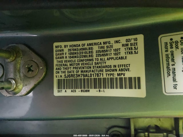45010869 :رقم المزاد ، 5J6RE3H79AL017871 vin ، 2010 Honda Cr-v Ex-l مزاد بيع