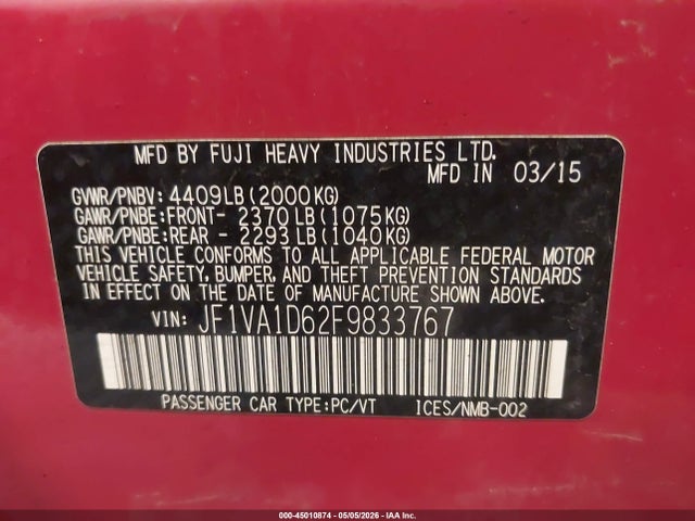 45010874 :رقم المزاد ، JF1VA1D62F9833767 vin ، 2015 Subaru Wrx Premium مزاد بيع