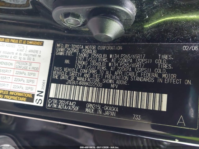 45010876 :رقم المزاد ، JTEBU14R88K022500 vin ، 2008 Toyota 4runner Sr5 V6 مزاد بيع