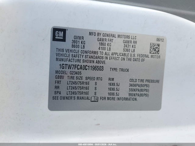 Aukcja sprzedaży 2012 Gmc Savana 2500 Work Van, vin: 1GTW7FCA0C1196503, numer aukcji: 45010894