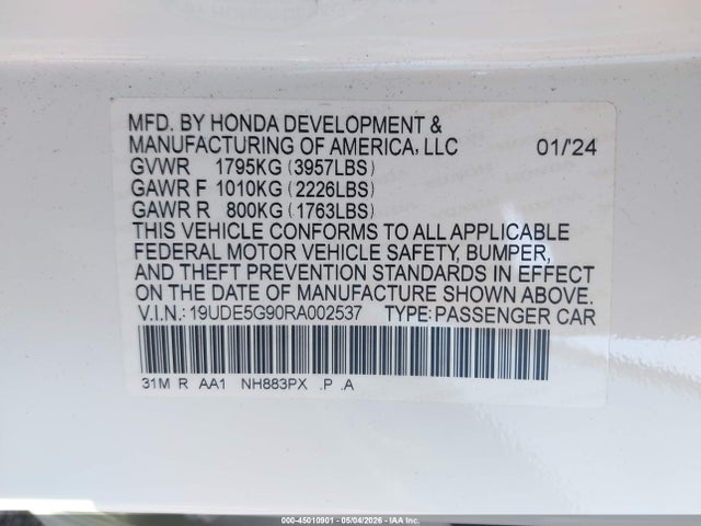 2024 Acura Integra Type S მანქანა იყიდება აუქციონზე, vin: 19UDE5G90RA002537, აუქციონის ნომერი: 45010901