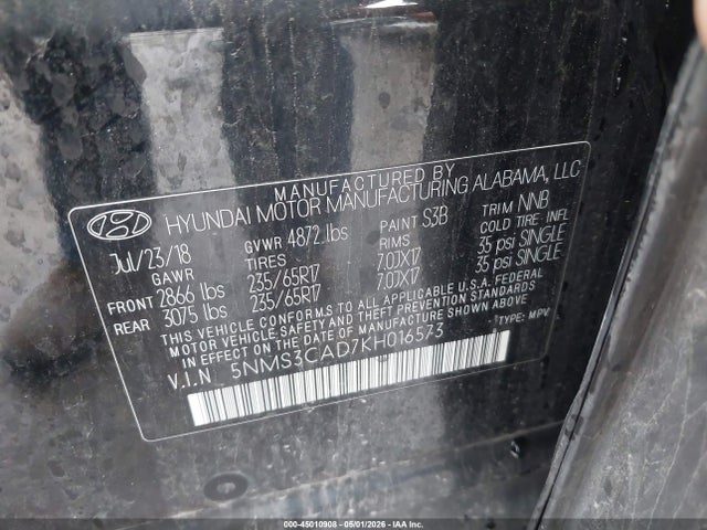 45010908 :رقم المزاد ، 5NMS3CAD7KH016573 vin ، 2019 Hyundai Santa Fe Sel مزاد بيع