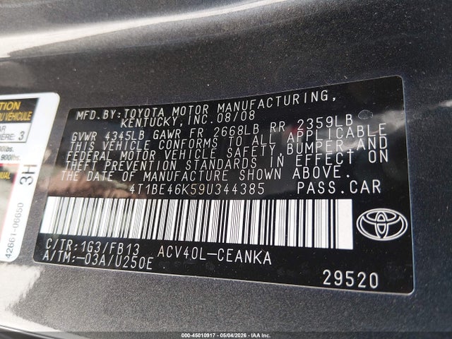 Продажа на аукционе авто 2009 Toyota Camry Le, vin: 4T1BE46K59U344385, номер лота: 45010917
