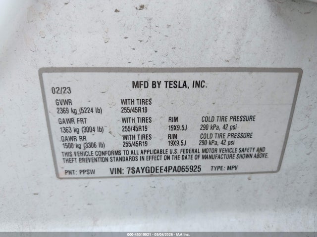 Aukcja sprzedaży 2023 Tesla Model Y Awd/long Range Dual Motor All-wheel Drive, vin: 7SAYGDEE4PA065925, numer aukcji: 45010921