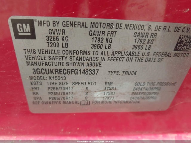 Aukcja sprzedaży 2015 Chevrolet Silverado 1500 1lt, vin: 3GCUKREC6FG148337, numer aukcji: 45010926
