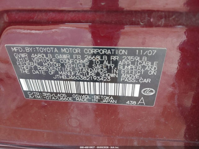 Продажа на аукционе авто 2008 Lexus Es 350, vin: JTHBJ46G382193423, номер лота: 45010927