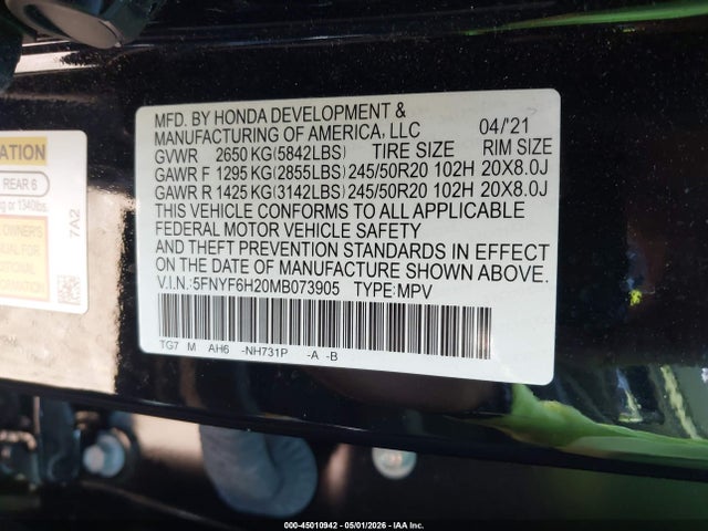 2021 Honda Pilot Awd Special Edition მანქანა იყიდება აუქციონზე, vin: 5FNYF6H20MB073905, აუქციონის ნომერი: 45010942