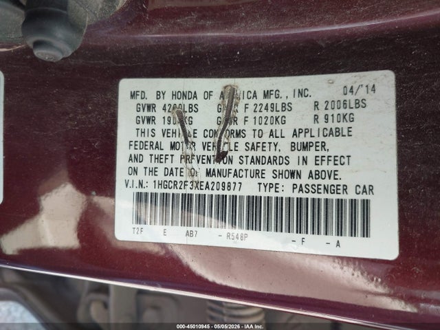 Aukcja sprzedaży 2014 Honda Accord Lx, vin: 1HGCR2F3XEA209877, numer aukcji: 45010945