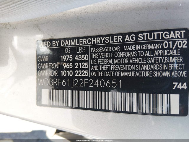 Продажа на аукционе авто 2002 Mercedes-benz C 240, vin: WDBRF61J22F240651, номер лота: 45010950
