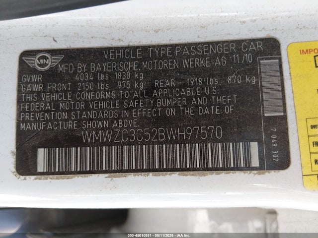 Продажа на аукционе авто 2011 Mini Cooper S Countryman, vin: WMWZC3C52BWH97570, номер лота: 45010951