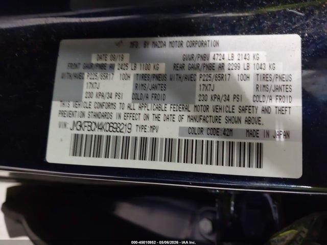 Продажа на аукционе авто 2019 Mazda Cx-5 Touring, vin: JM3KFBCM4K0698219, номер лота: 45010952