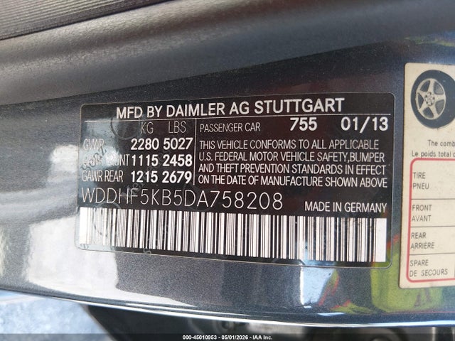 45010953 :رقم المزاد ، WDDHF5KB5DA758208 vin ، 2013 Mercedes-benz E 350 مزاد بيع