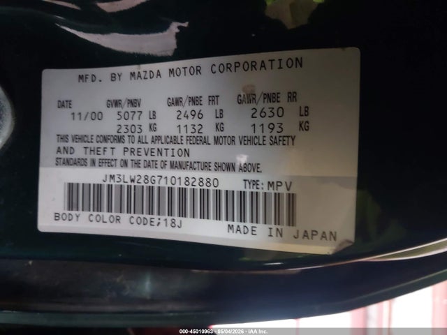 Продаж на аукціоні авто 2001 Mazda Mpv Dx/es/lx, vin: JM3LW28G710182880, номер лоту: 45010963