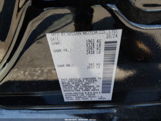 Продажа на аукционе авто 2025 Nissan Altima Sv Fwd, vin: 1N4BL4DV2SN335303, номер лота: 45010970