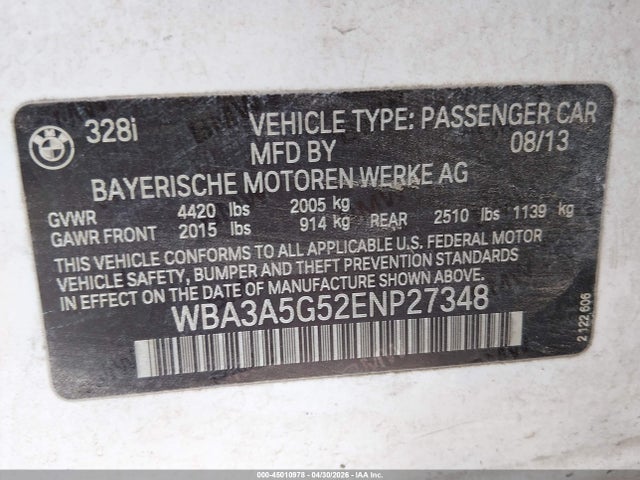 Auction sale of the 2014 Bmw 328i, vin: WBA3A5G52ENP27348, lot number: 45010978