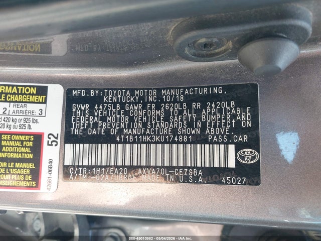 Aukcja sprzedaży 2019 Toyota Camry Se, vin: 4T1B11HK3KU174881, numer aukcji: 45010982