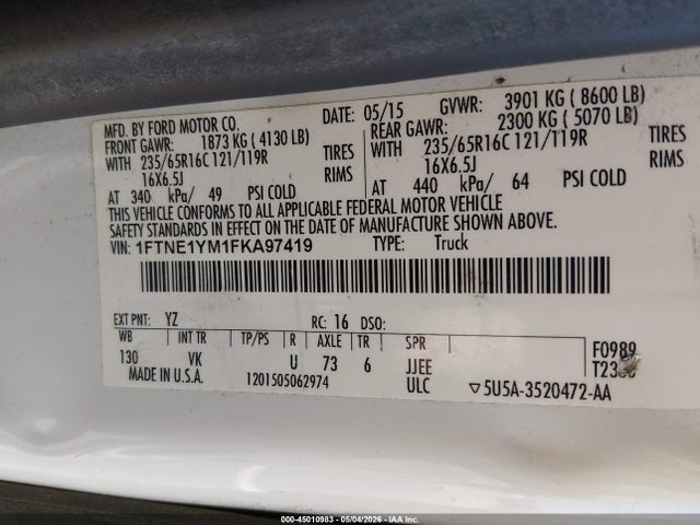 45010983 :رقم المزاد ، 1FTNE1YM1FKA97419 vin ، 2015 Ford Transit-150 مزاد بيع