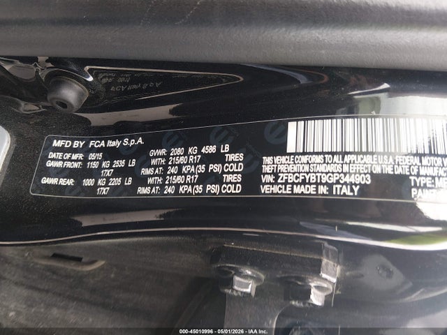 Aukcja sprzedaży 2016 Fiat 500x Easy, vin: ZFBCFYBT9GP344903, numer aukcji: 45010996
