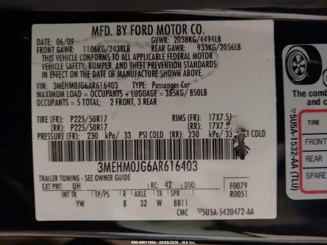 Продаж на аукціоні авто 2010 Mercury Milan Premier, vin: 3MEHM0JG6AR616403, номер лоту: 45011004