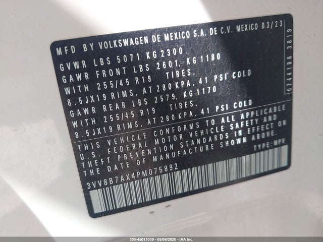 2023 Volkswagen Tiguan 2.0t Se R-line Black მანქანა იყიდება აუქციონზე, vin: 3VV8B7AX4PM075892, აუქციონის ნომერი: 45011009