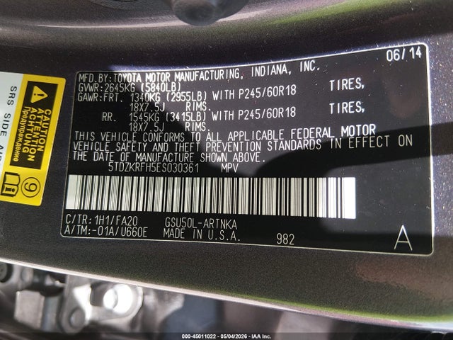 45011022 :رقم المزاد ، 5TDZKRFH5ES030361 vin ، 2014 Toyota Highlander Le Plus V6 مزاد بيع