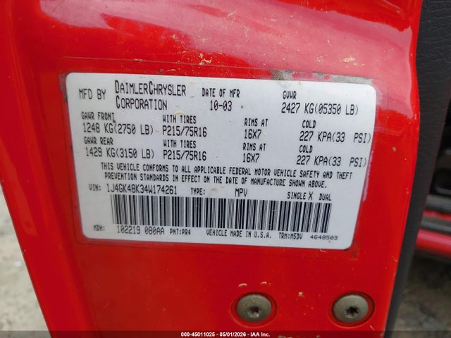 Aukcja sprzedaży 2004 Jeep Liberty Sport, vin: 1J4GK48K34W174261, numer aukcji: 45011025