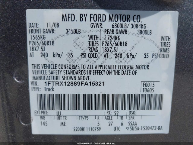 Продажа на аукционе авто 2009 Ford F-150 Stx/xl/xlt, vin: 1FTRX12889FA15321, номер лота: 45011027