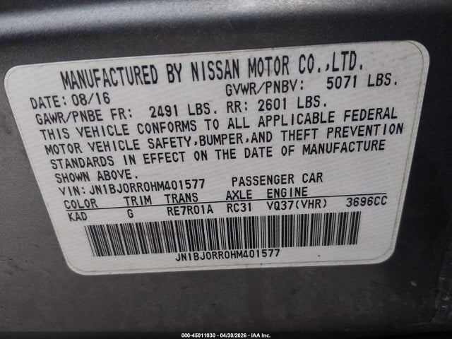 Aukcja sprzedaży 2017 Infiniti Qx50, vin: JN1BJ0RR0HM401577, numer aukcji: 45011030