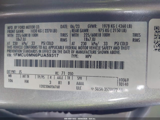 Продаж на аукціоні авто 2023 Ford Escape St-line, vin: 1FMCU0MN6PUA59317, номер лоту: 45011032