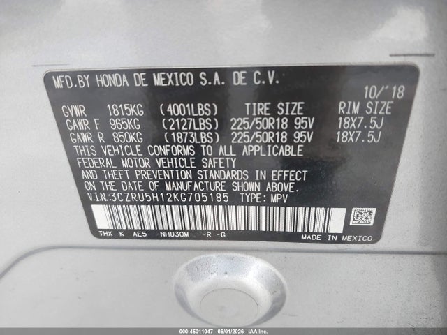 Продаж на аукціоні авто 2019 Honda Hr-v Sport, vin: 3CZRU5H12KG705185, номер лоту: 45011047
