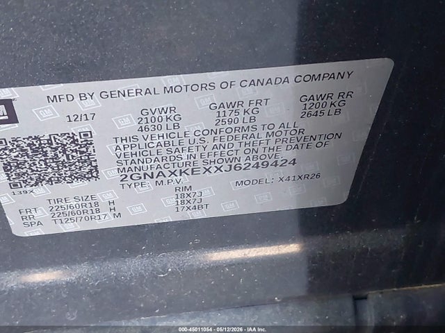 Продажа на аукционе авто 2018 Chevrolet Equinox Lt, vin: 2GNAXKEXXJ6249424, номер лота: 45011054