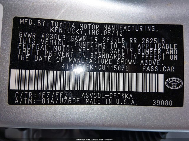 Aukcja sprzedaży 2012 Toyota Camry Se, vin: 4T1BF1FK4CU115876, numer aukcji: 45011055