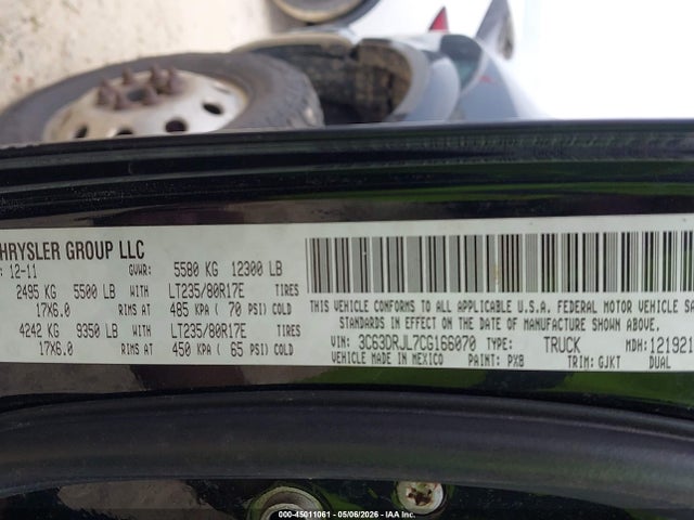 45011061 :رقم المزاد ، 3C63DRJL7CG166070 vin ، 2012 Ram 3500 Laramie مزاد بيع