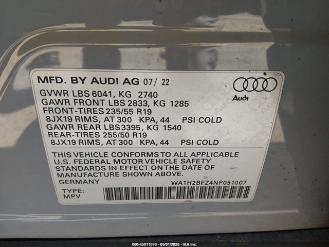 Продажа на аукционе авто 2022 Audi Q4 E-tron Premium Plus 50 Quattro, vin: WA1H2BFZ4NP051007, номер лота: 45011079
