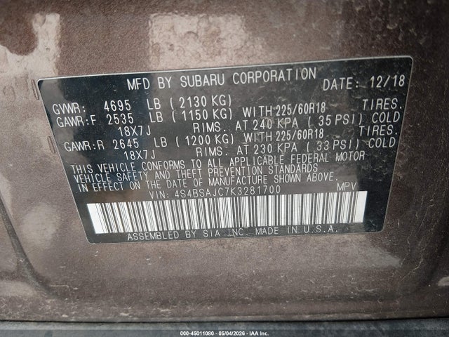 Aukcja sprzedaży 2019 Subaru Outback 2.5i Limited, vin: 4S4BSAJC7K3281700, numer aukcji: 45011080