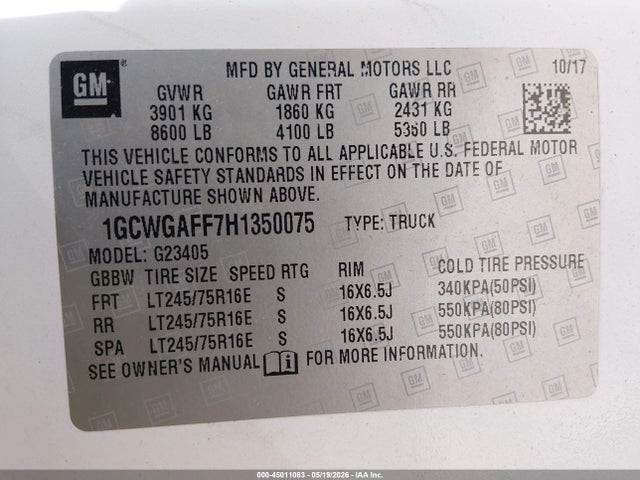 Aukcja sprzedaży 2017 Chevrolet Express 2500 Work Van, vin: 1GCWGAFF7H1350075, numer aukcji: 45011083