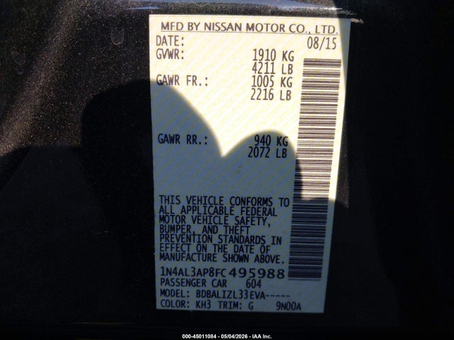 2015 Nissan Altima 2.5 Sv მანქანა იყიდება აუქციონზე, vin: 1N4AL3AP8FC495988, აუქციონის ნომერი: 45011084