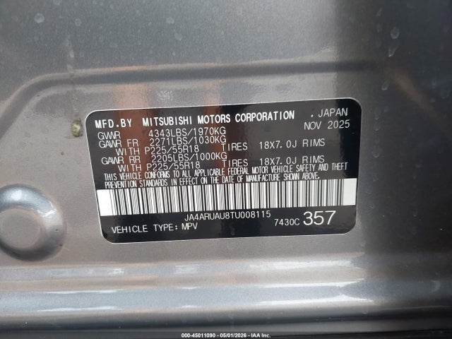 Aukcja sprzedaży 2026 Mitsubishi Outlander Sport 2.0 Es/2.0 Le/2.0 Ralliart/2.0 S/2.0 Se/2.0 Trail Edition, vin: JA4ARUAU8TU008115, numer aukcji: 45011090