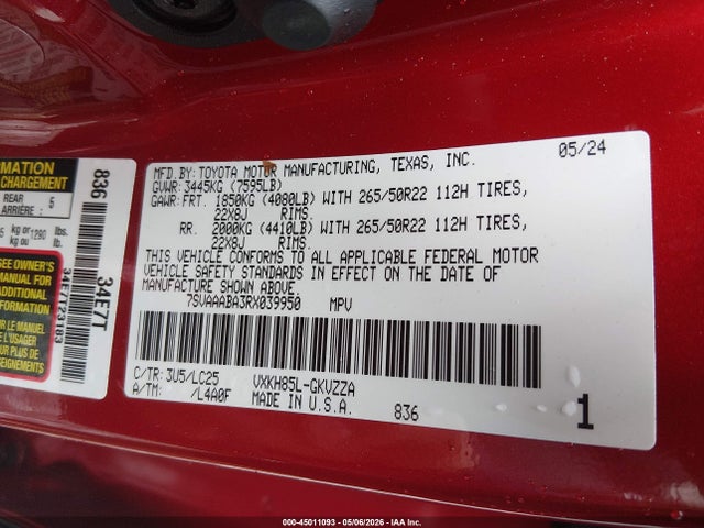 Aukcja sprzedaży 2024 Toyota Sequoia Capstone, vin: 7SVAAABA3RX039950, numer aukcji: 45011093