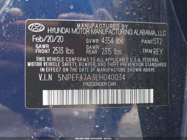 Aukcja sprzedaży 2020 Hyundai Sonata Sel, vin: 5NPEF4JA3LH040034, numer aukcji: 45011096