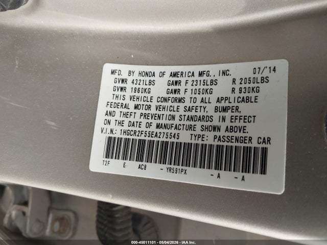 45011101 :رقم المزاد ، 1HGCR2F55EA275545 vin ، 2014 Honda Accord Sport مزاد بيع