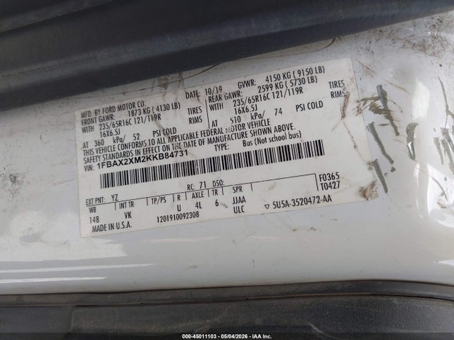 Aukcja sprzedaży 2019 Ford Transit-350 Xl, vin: 1FBAX2XM2KKB84731, numer aukcji: 45011103