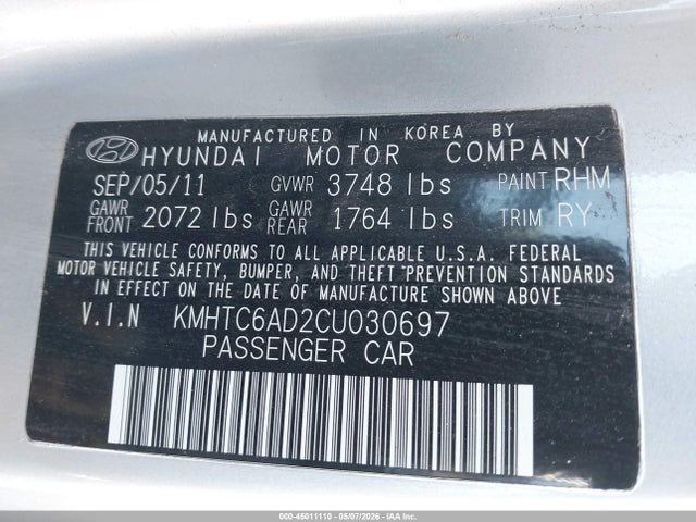 Aukcja sprzedaży 2012 Hyundai Veloster Base W/black, vin: KMHTC6AD2CU030697, numer aukcji: 45011110