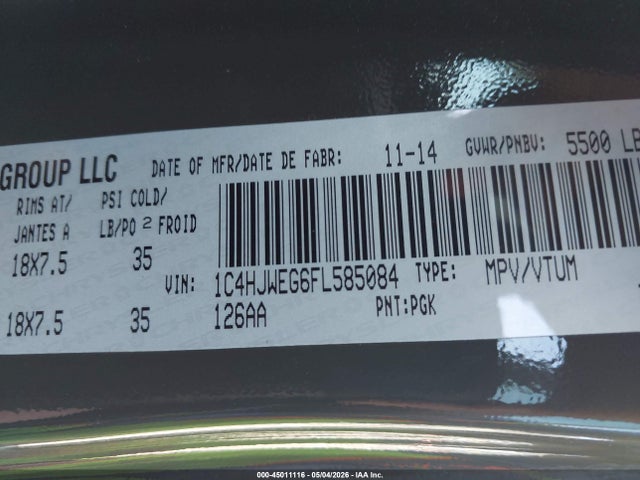 45011116 :رقم المزاد ، 1C4HJWEG6FL585084 vin ، 2015 Jeep Wrangler Unlimited Sahara مزاد بيع