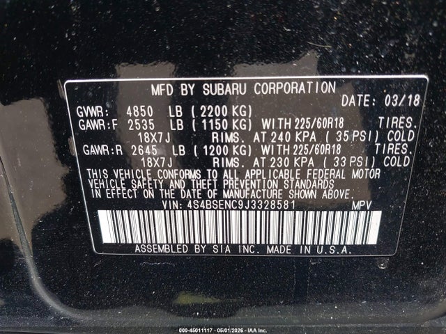 2018 Subaru Outback 3.6r Limited მანქანა იყიდება აუქციონზე, vin: 4S4BSENC9J3328581, აუქციონის ნომერი: 45011117