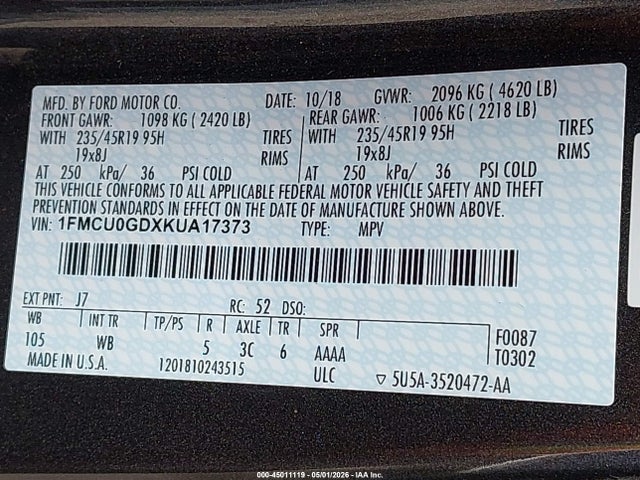 45011119 :رقم المزاد ، 1FMCU0GDXKUA17373 vin ، 2019 Ford Escape Se مزاد بيع