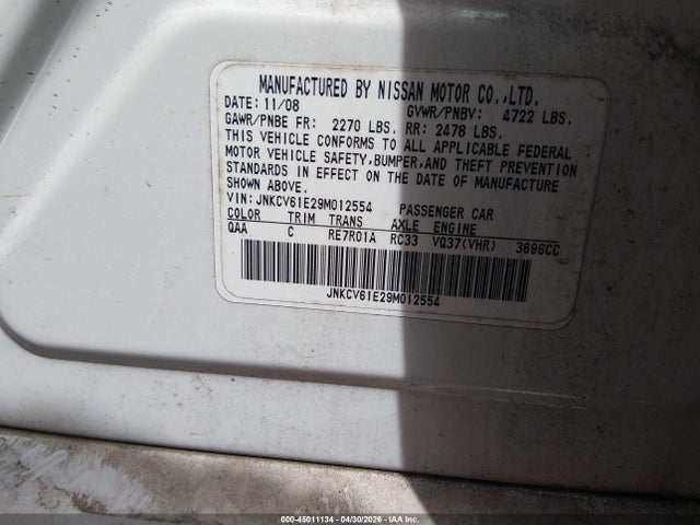45011134 :رقم المزاد ، JNKCV61E29M012554 vin ، 2009 Infiniti G37 Journey مزاد بيع
