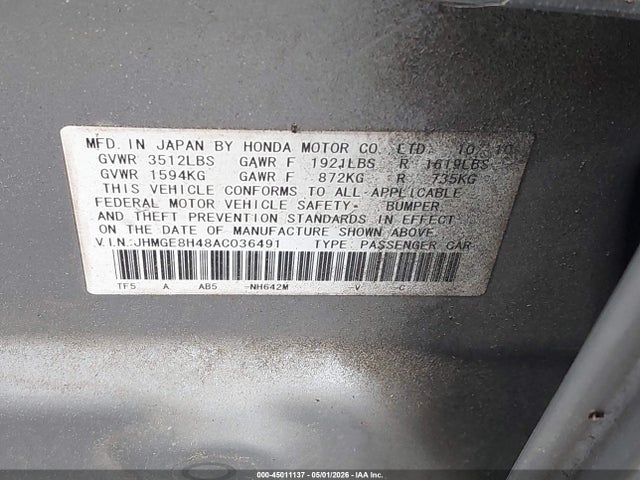Aukcja sprzedaży 2010 Honda Fit Sport, vin: JHMGE8H48AC036491, numer aukcji: 45011137
